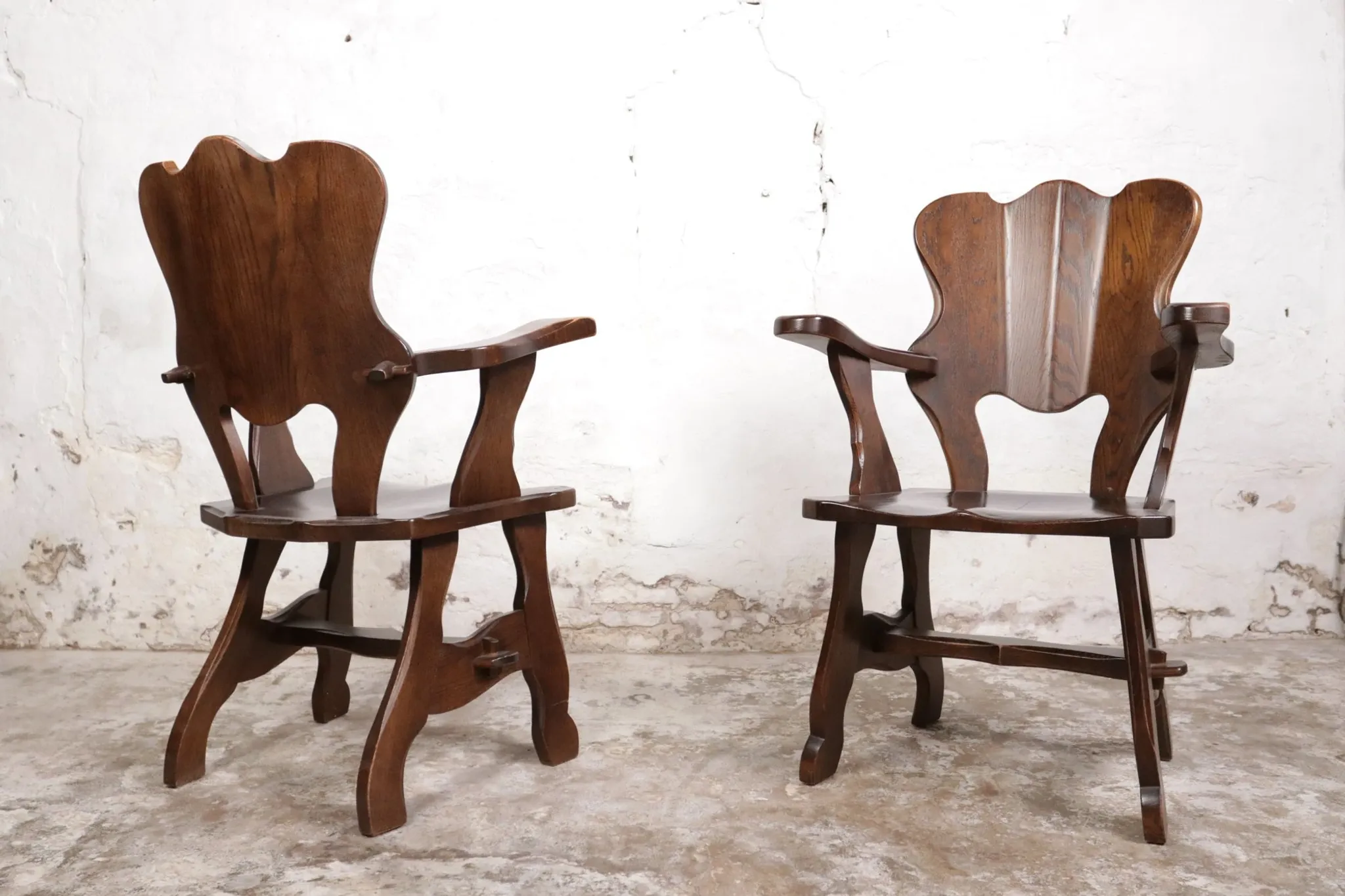 Story book brutalist wabi sabi oak fireplace lounge chairs