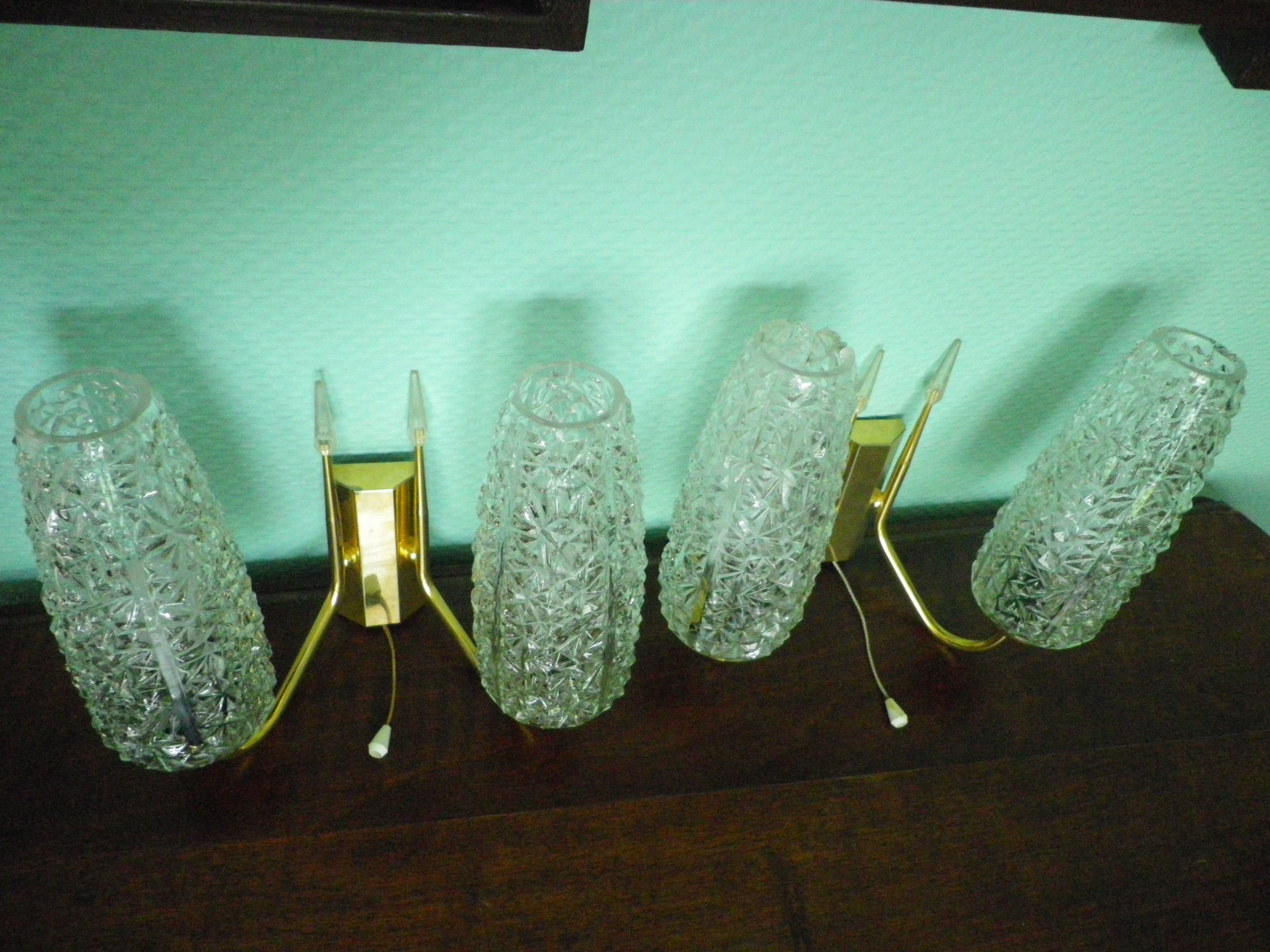 Wall lamps double lighting, with drawer, gilded metal, lampshade in worked glass - 1970