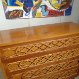 Chest of drawers wood and rattan Louis Sognot 1950 foot compass