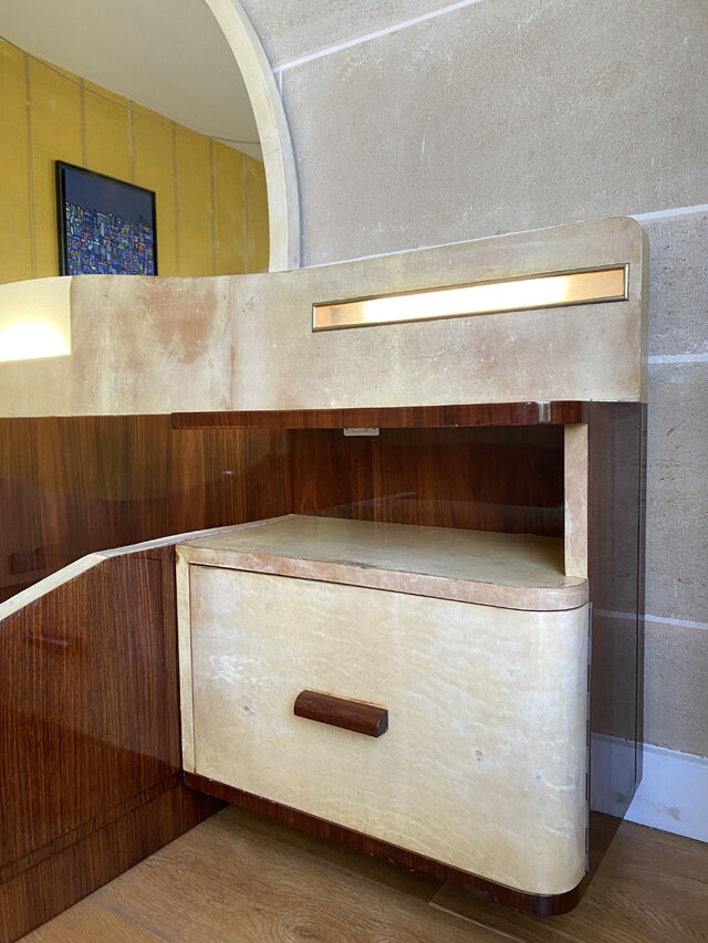 Bed with integrated bedside in rosewood and parchment, art deco period, twentieth century