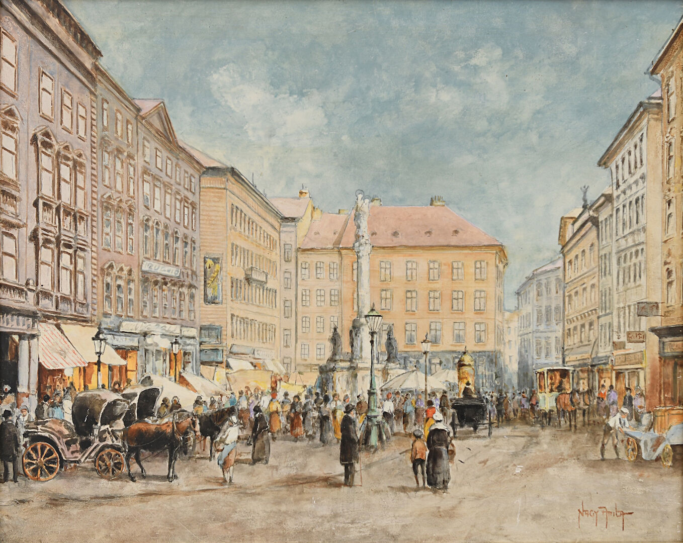 Oil on panel Animated scene of a city