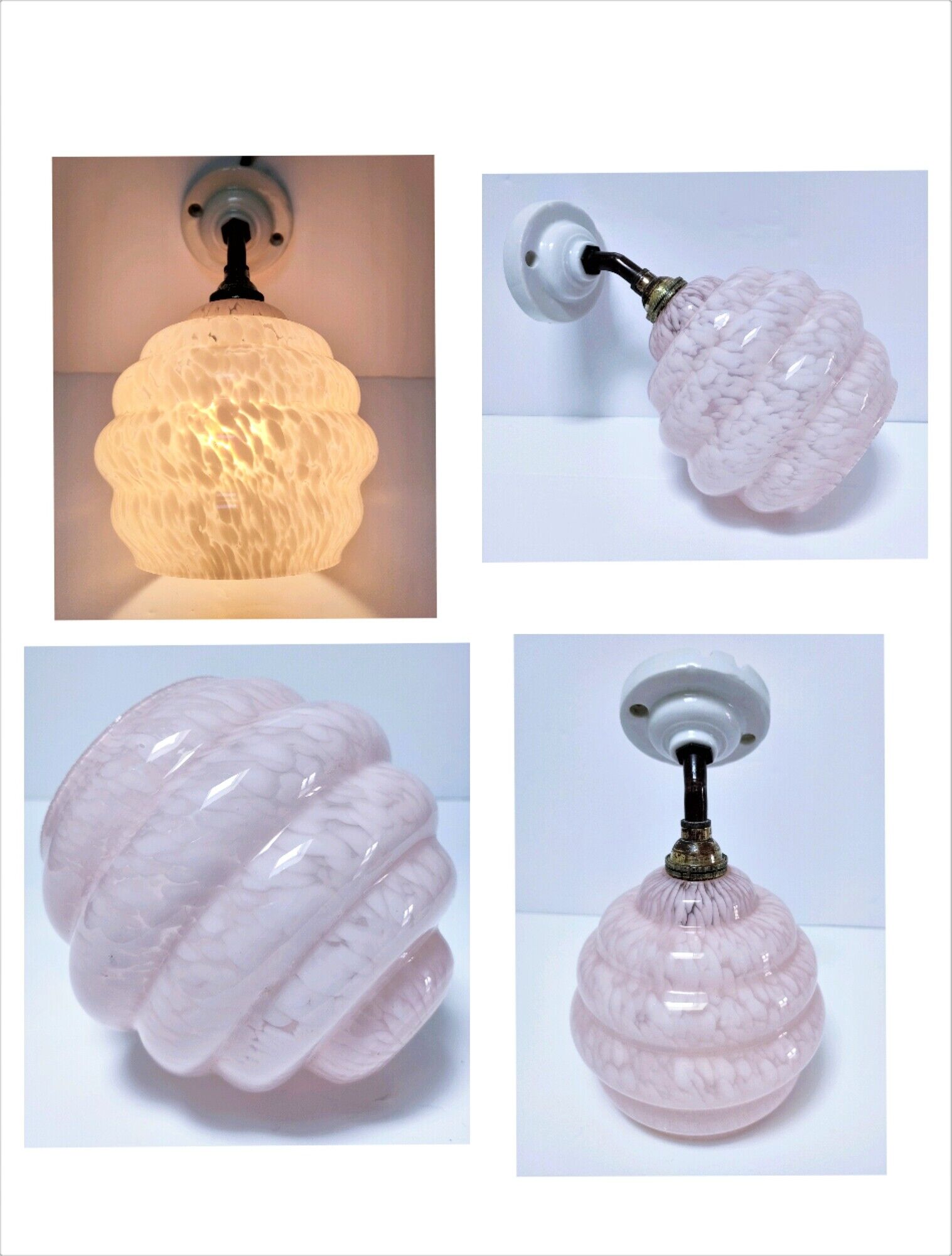 Art Deco wall lamp glass Clichy pink and porcelain