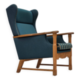 1970s, Danish highback armchair, furniture wool, solid oak wood.