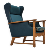 1970s, Danish highback armchair, furniture wool, solid oak wood.