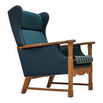 1970s, Danish highback armchair, furniture wool, solid oak wood.