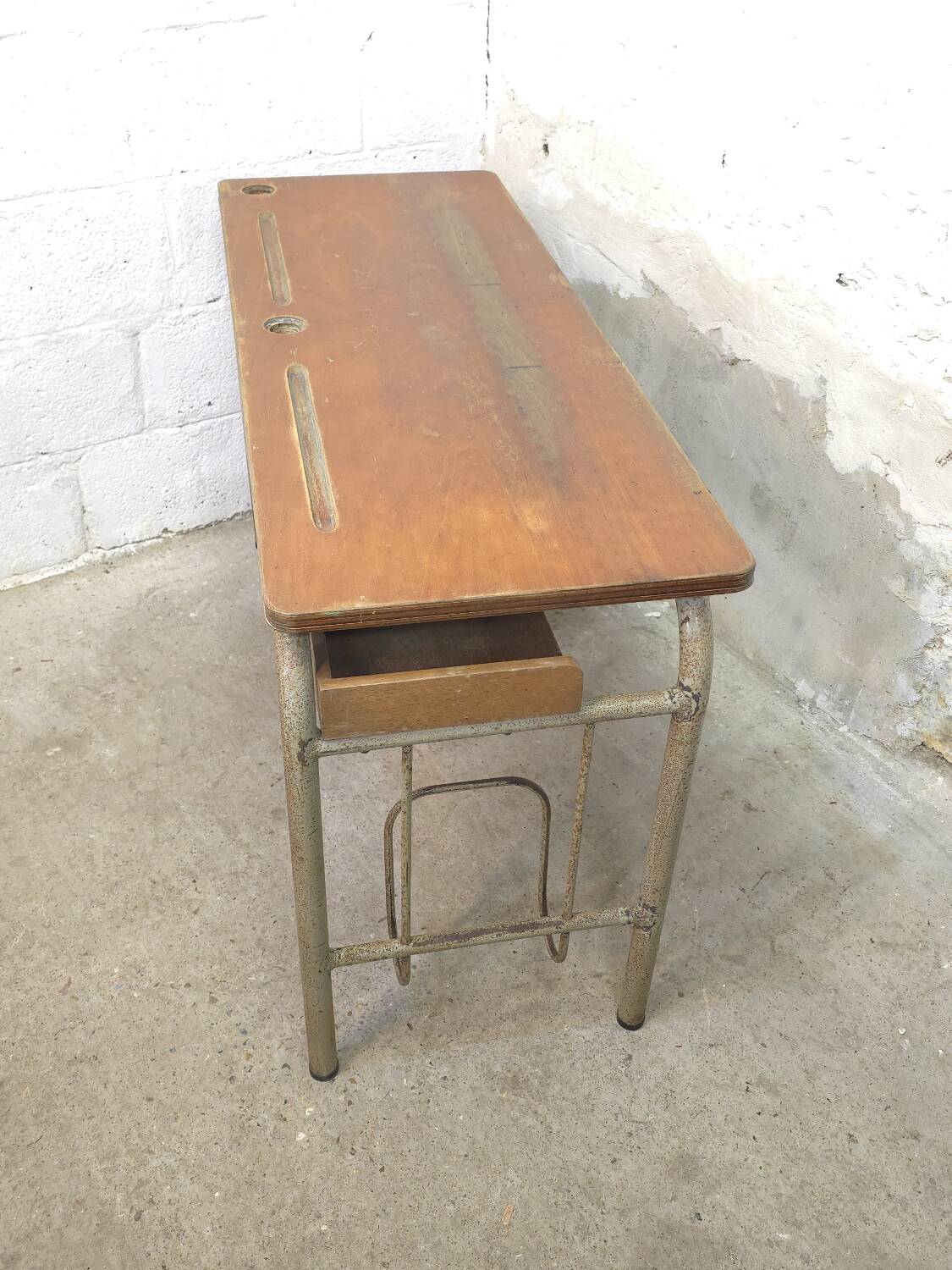 1960s double school desk in oak