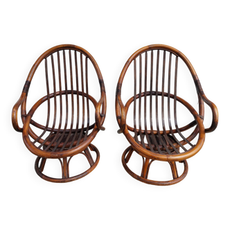 paire de fauteuils ronds, coque, rotin, osier, bois de bambou