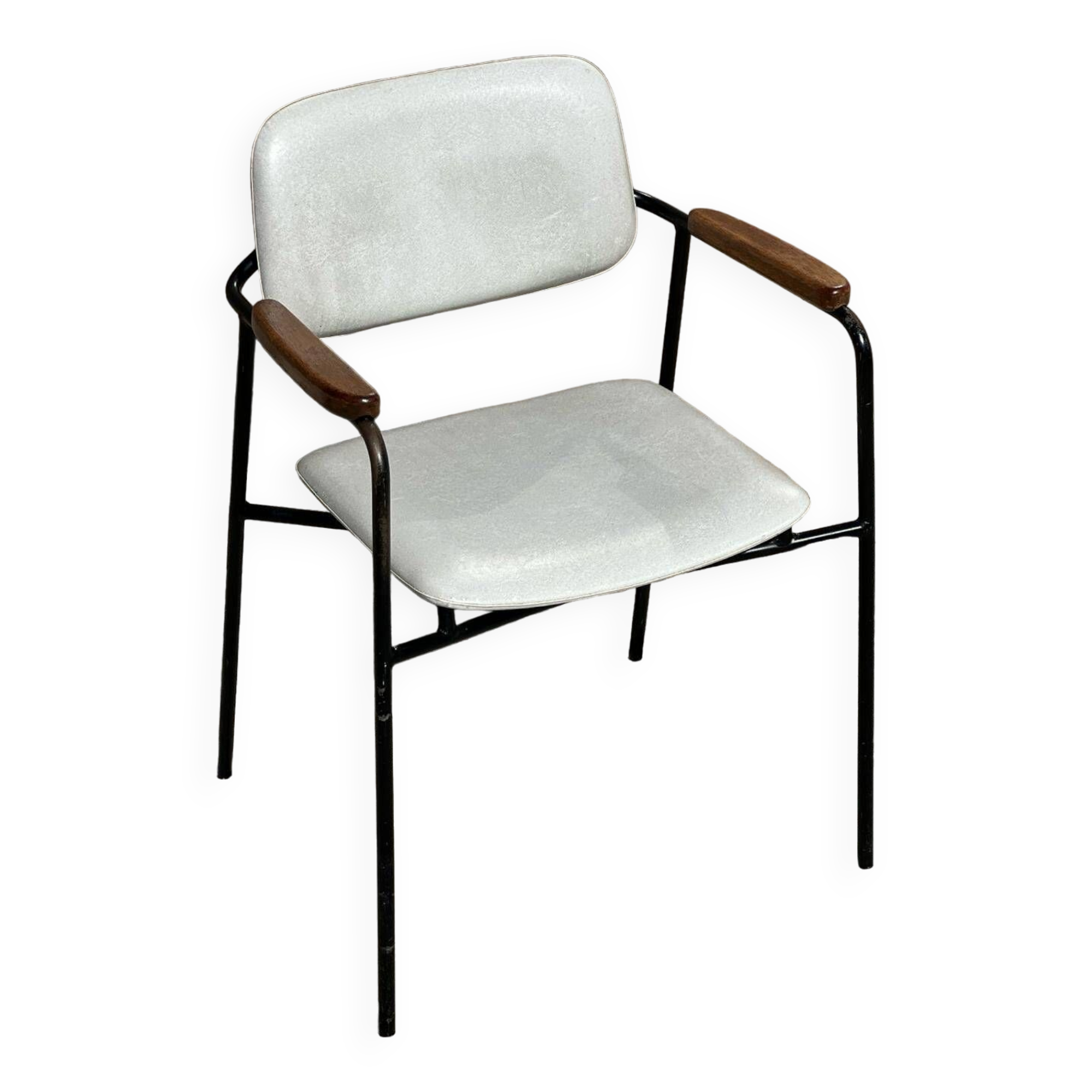 Vintage 1950s metal, oak and faux leather armchair