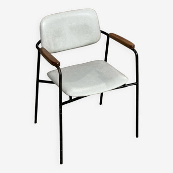 Fauteuil en métal, chêne et simili cuir vintage 1950