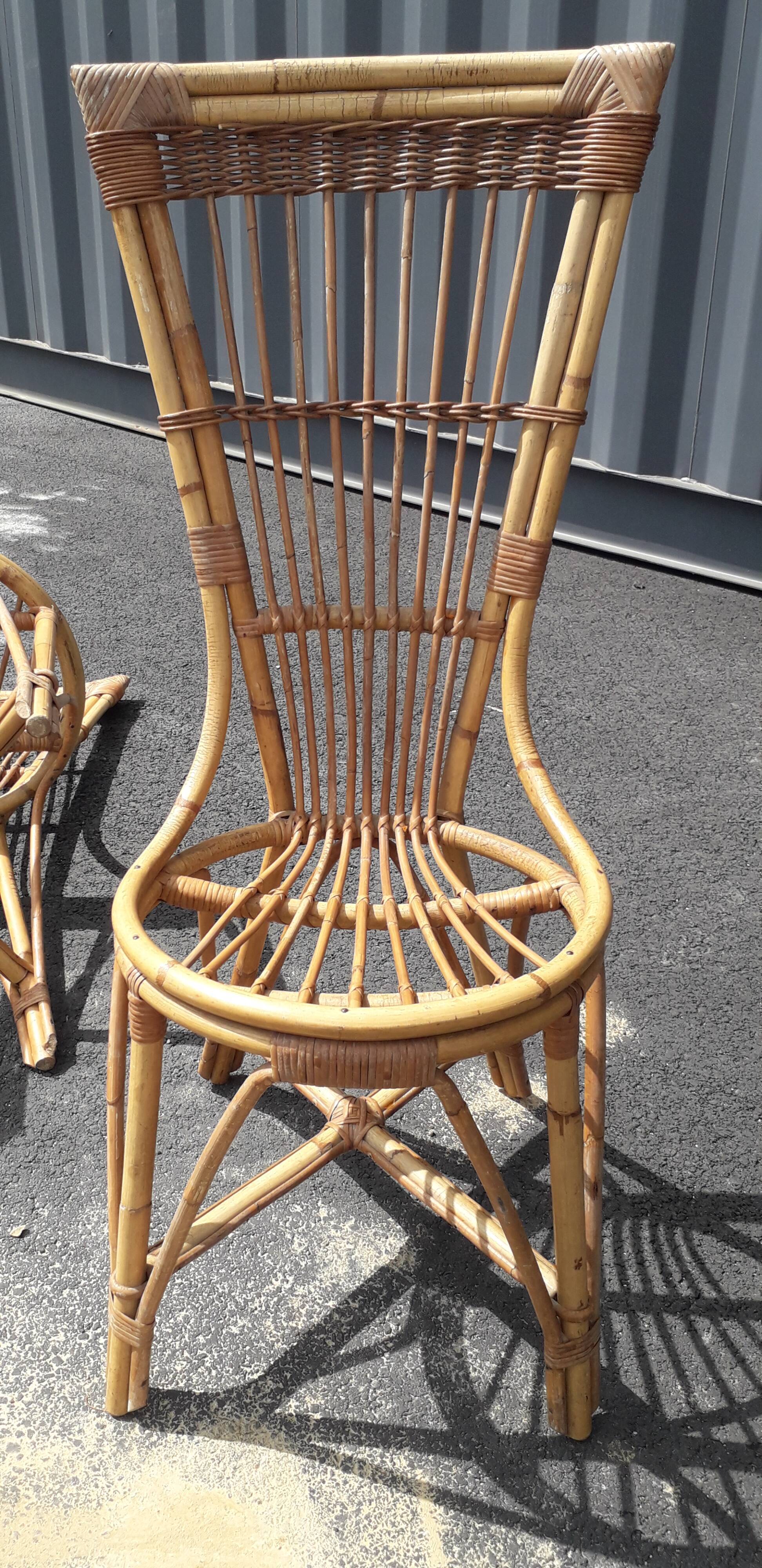 Paire de chaises et table rotin osier vintage XXème