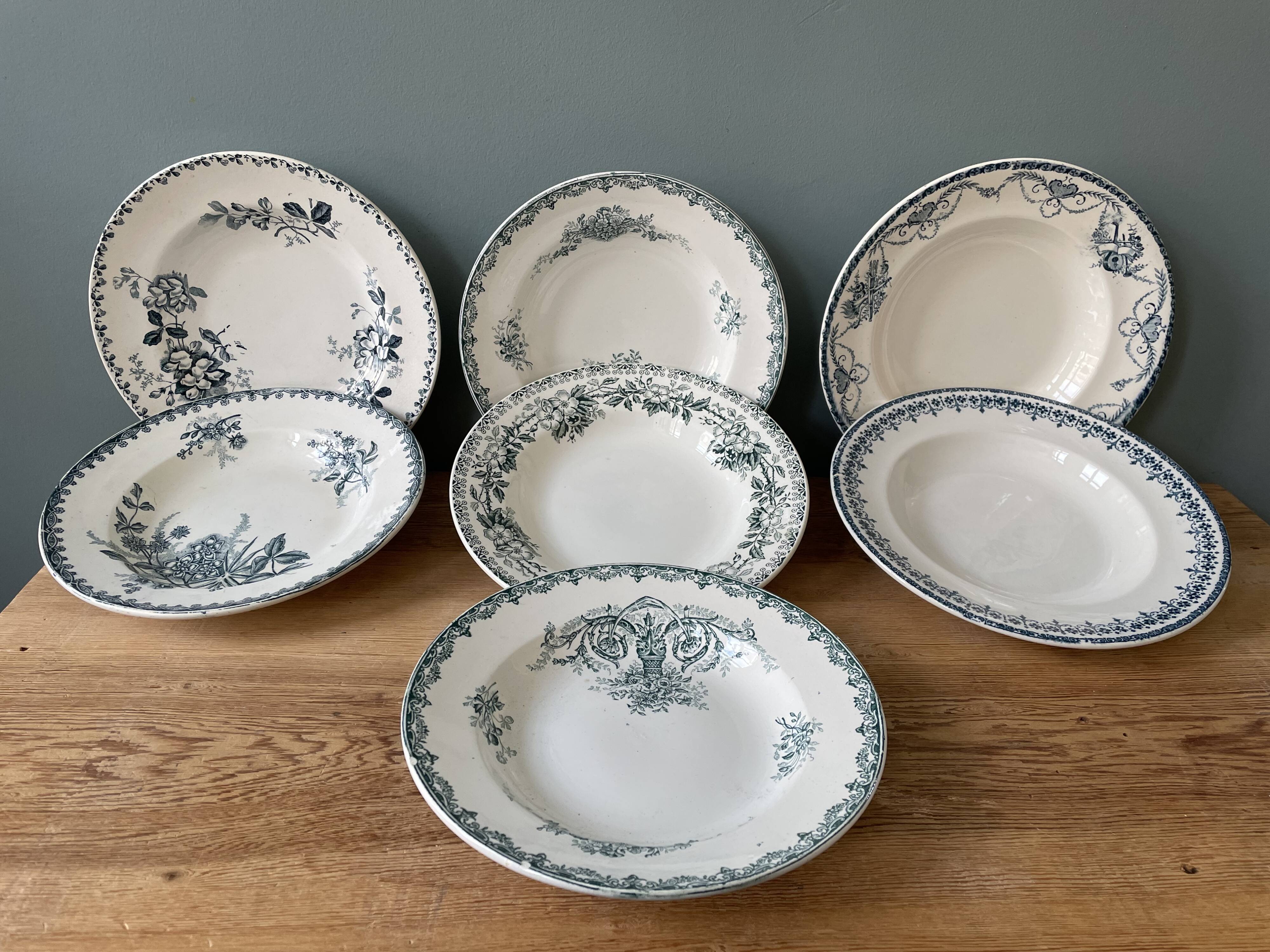 Set of 7 mismatched hollow plates Terre de Fer XIXth