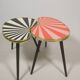 Side table, kidney-shaped, red-pink stripes, three elegant legs, 50s style