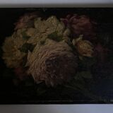 Painting of 19 roses from the garden, oil on wood.