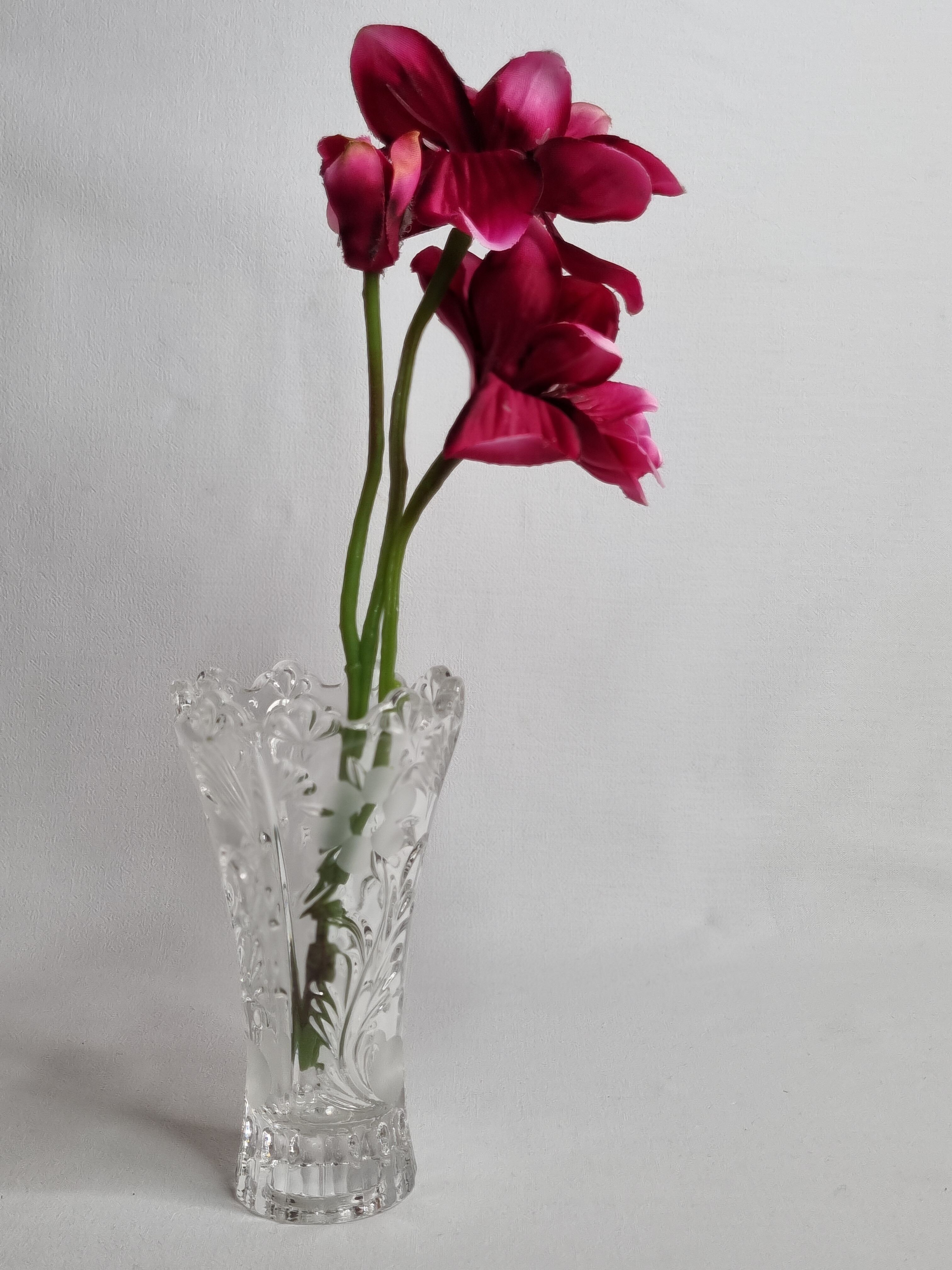 Pressed glass vase decorated with flowers, 50s