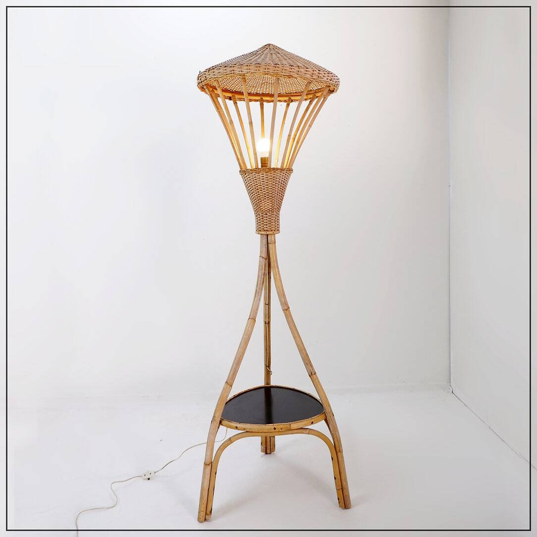 Mid-Century tripod Rattan Floor Lamp - 1960s