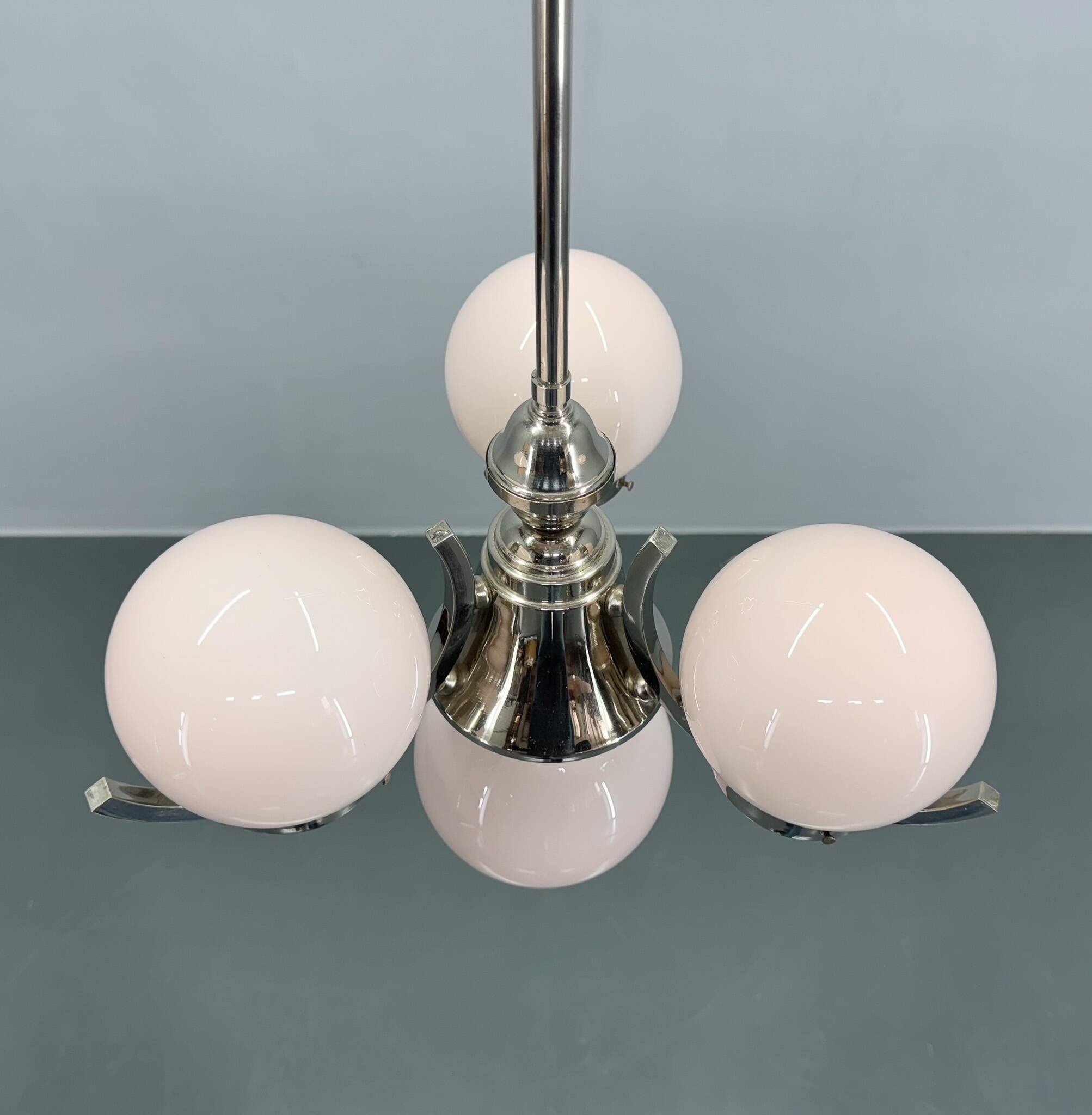 Art Deco Chrome and Pink Glass Chandelier, 1930's