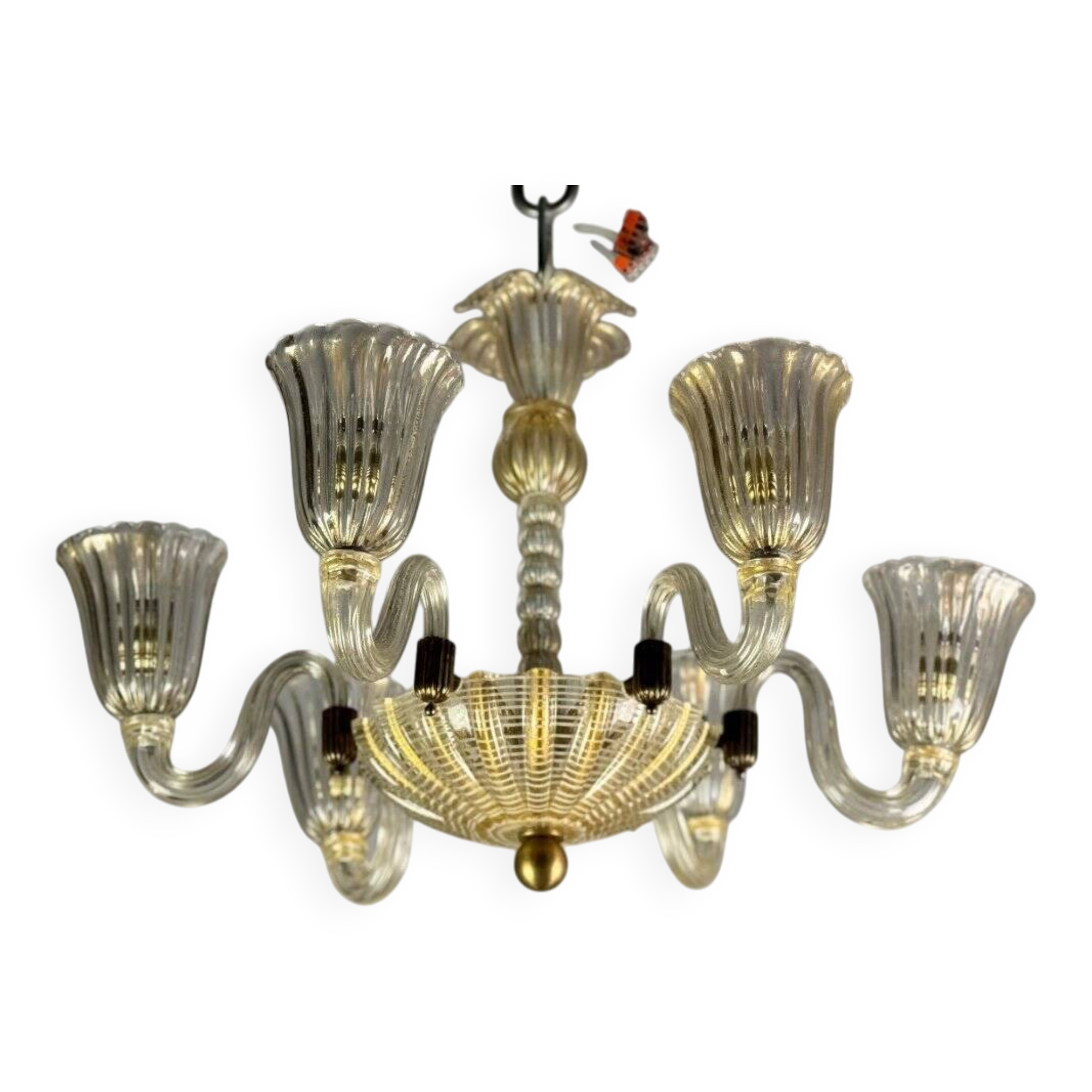 Venetian chandelier in gilded Murano glass with reticello pattern, 6 light arms, circa 1950