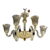 Venetian chandelier in gilded Murano glass with reticello pattern, 6 light arms, circa 1950