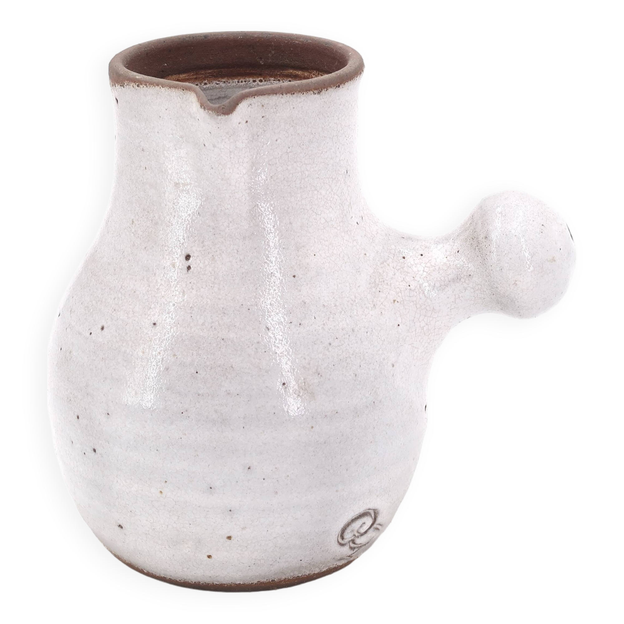 Minimalist white ceramic pitcher signed Pierlot, 1960s