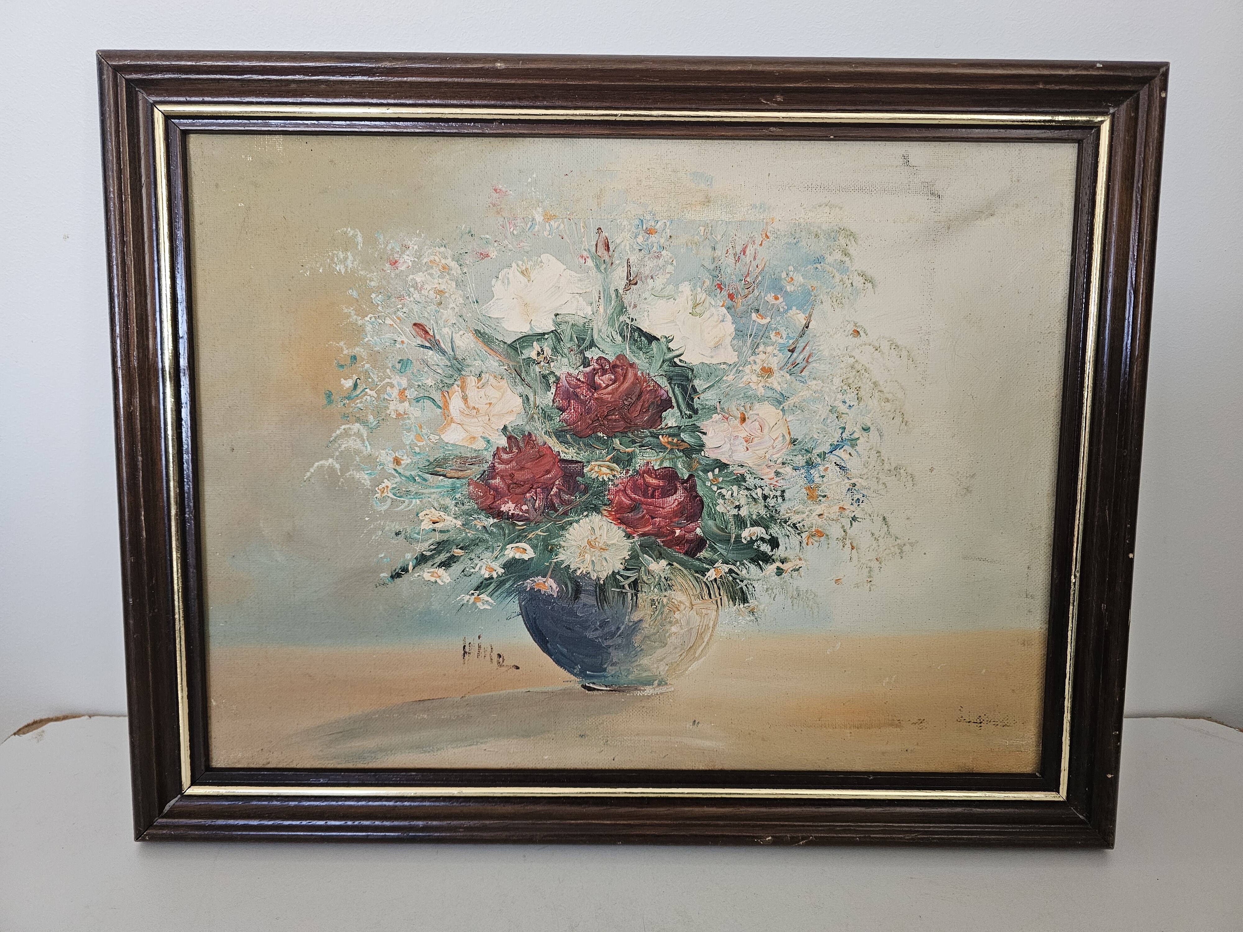 Oil painting on canvas, Bouquets of roses and tulips, signed Hire