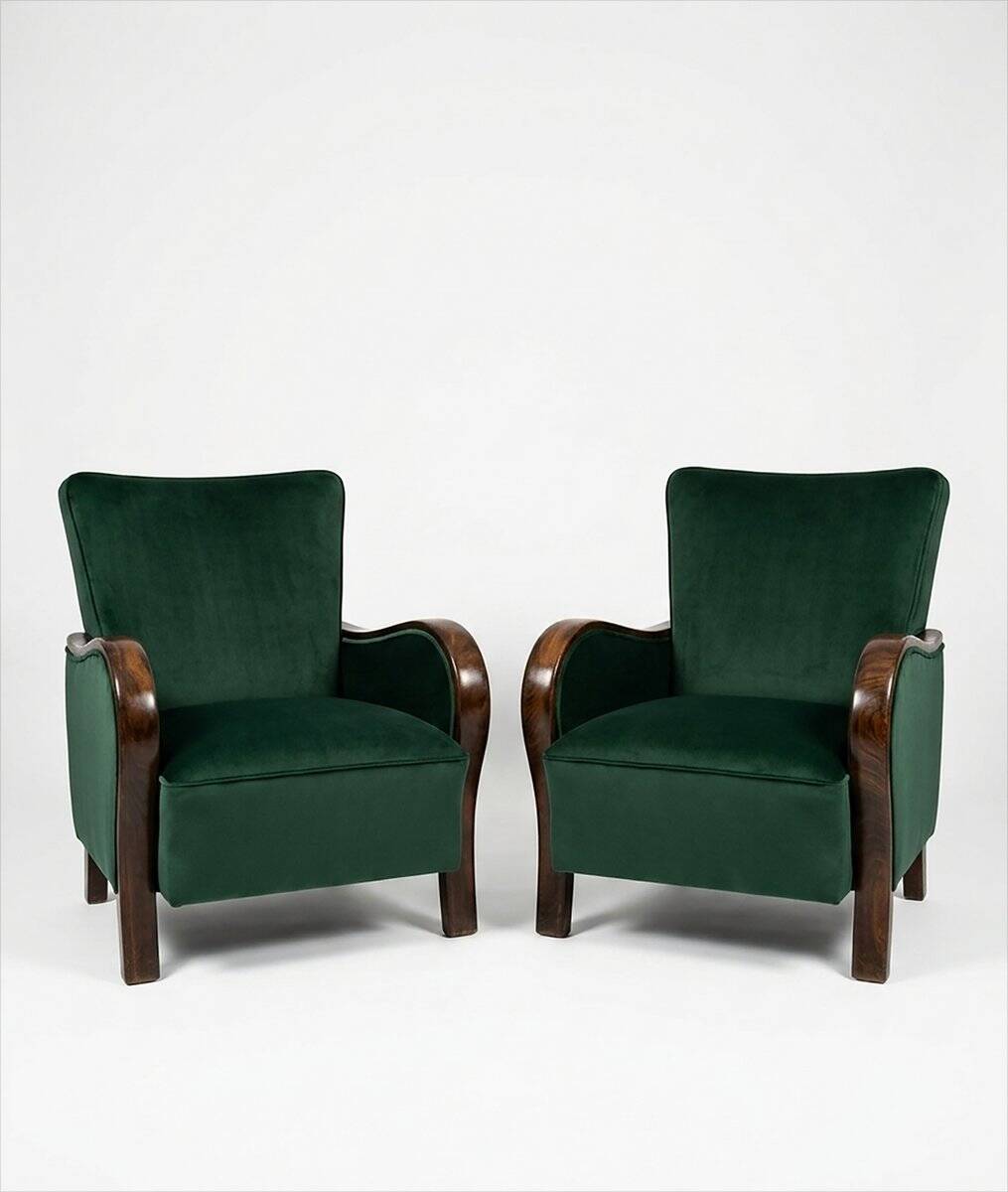 Art Deco Velvet Lounge Chairs in Dark Green Velvet, Set of 2