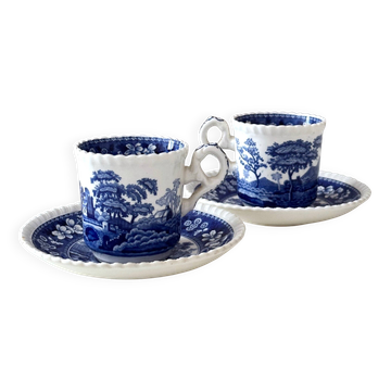 Deux tasses à expresso Spode Copeland « Blue Tower » avec soucoupes – Vintage anglais