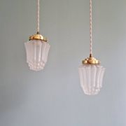 Pair of Art Deco Skyscraper-style pendant lights in frosted glass, 1920-30