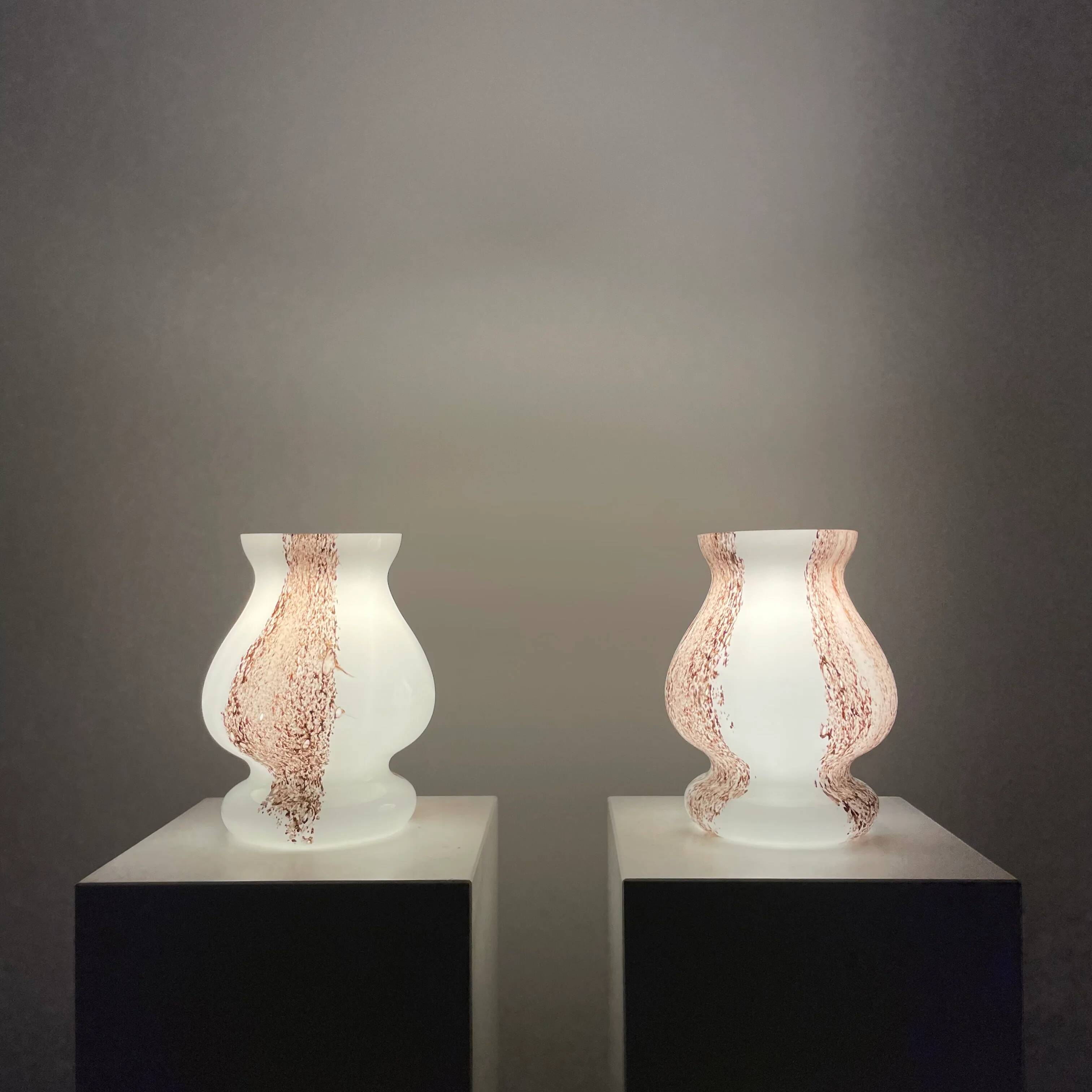 Pair of table lamps in white and brown glass in the shape of a mushroom by Doria Leuchten, 1970.