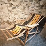 Vintage French folding lounge chair – 1950s/60s in beech with striped canvas, adjustable recliner