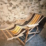 Vintage French folding lounge chair – 1950s/60s in beech with striped canvas, adjustable recliner