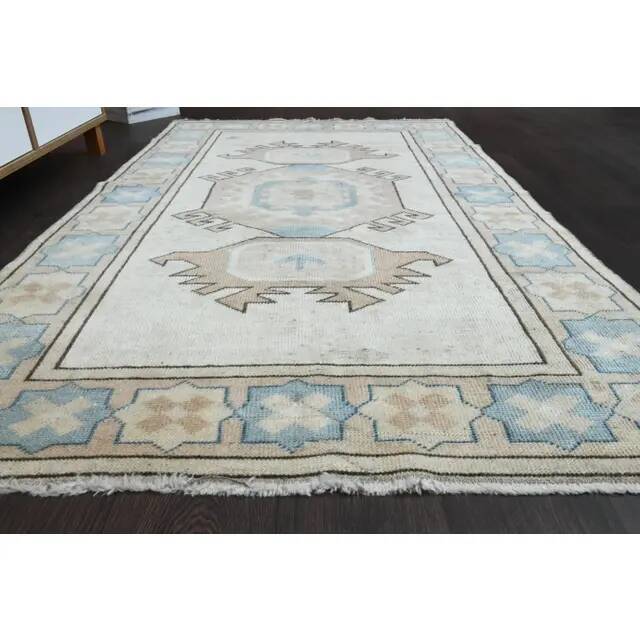 1970s Vintage Turkish Oushak Handmade  Beige Area Rug 113x192