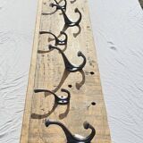 Teak coat rack with 10 double cast iron hooks