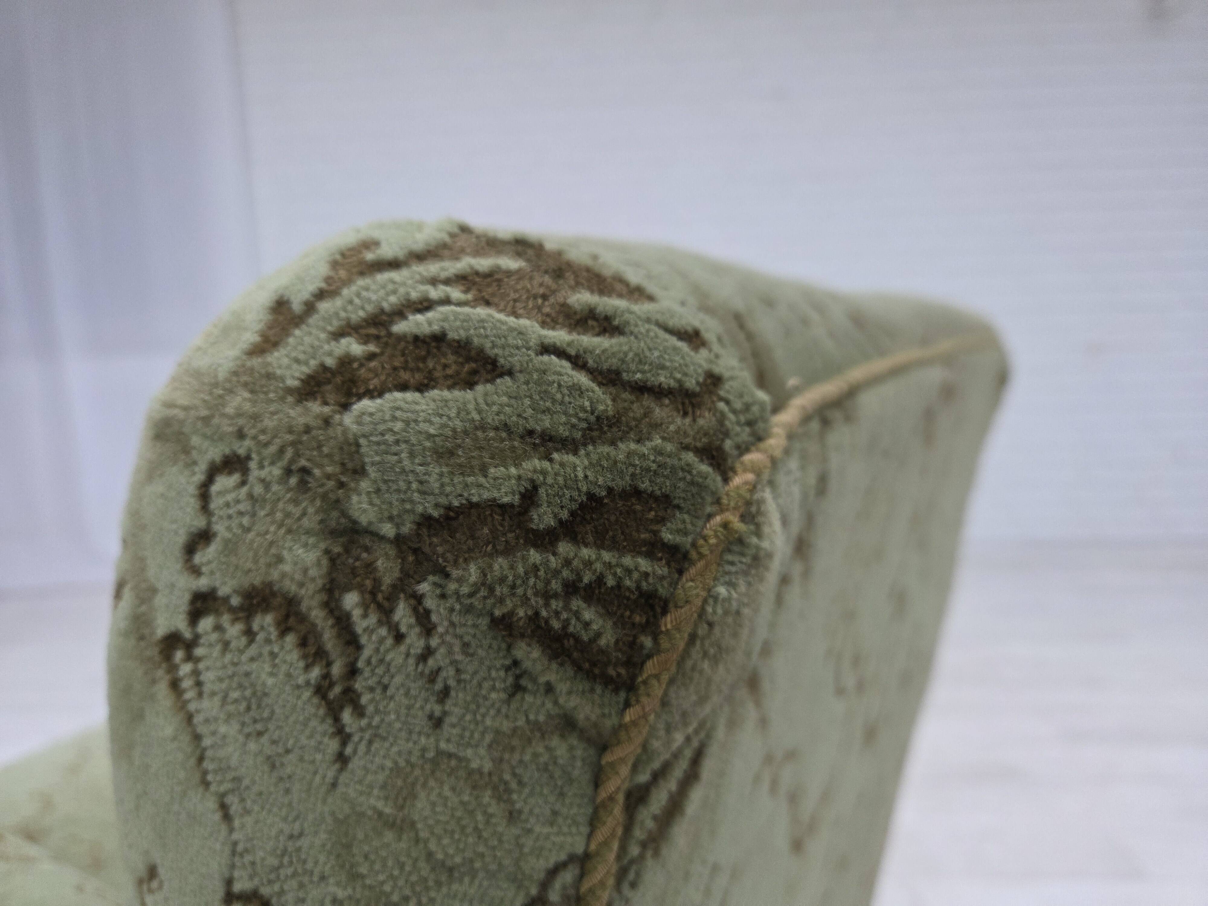 1950s, Danish armchair, green furniture velour, carved oak wood.