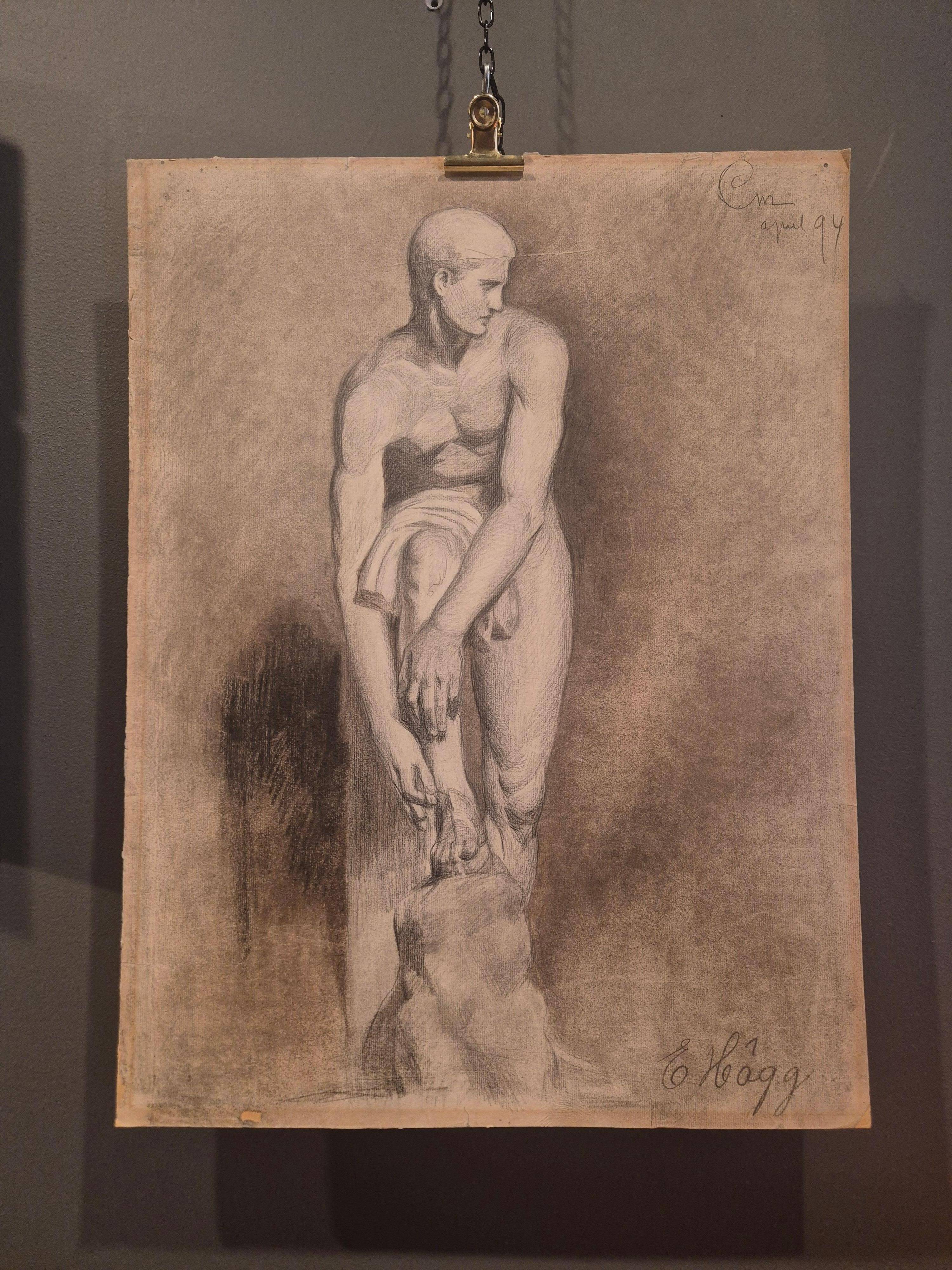 Étude de nu / Dessin au fusain d'Ellen Hägg, signé et daté -(18)94.