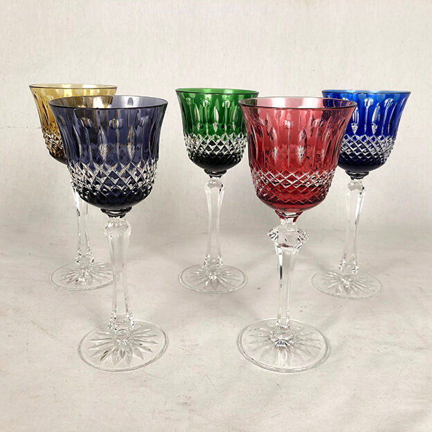 Set of five large colored crystal foot glasses