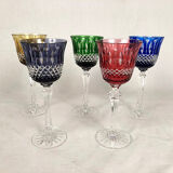 Set of five large colored crystal foot glasses