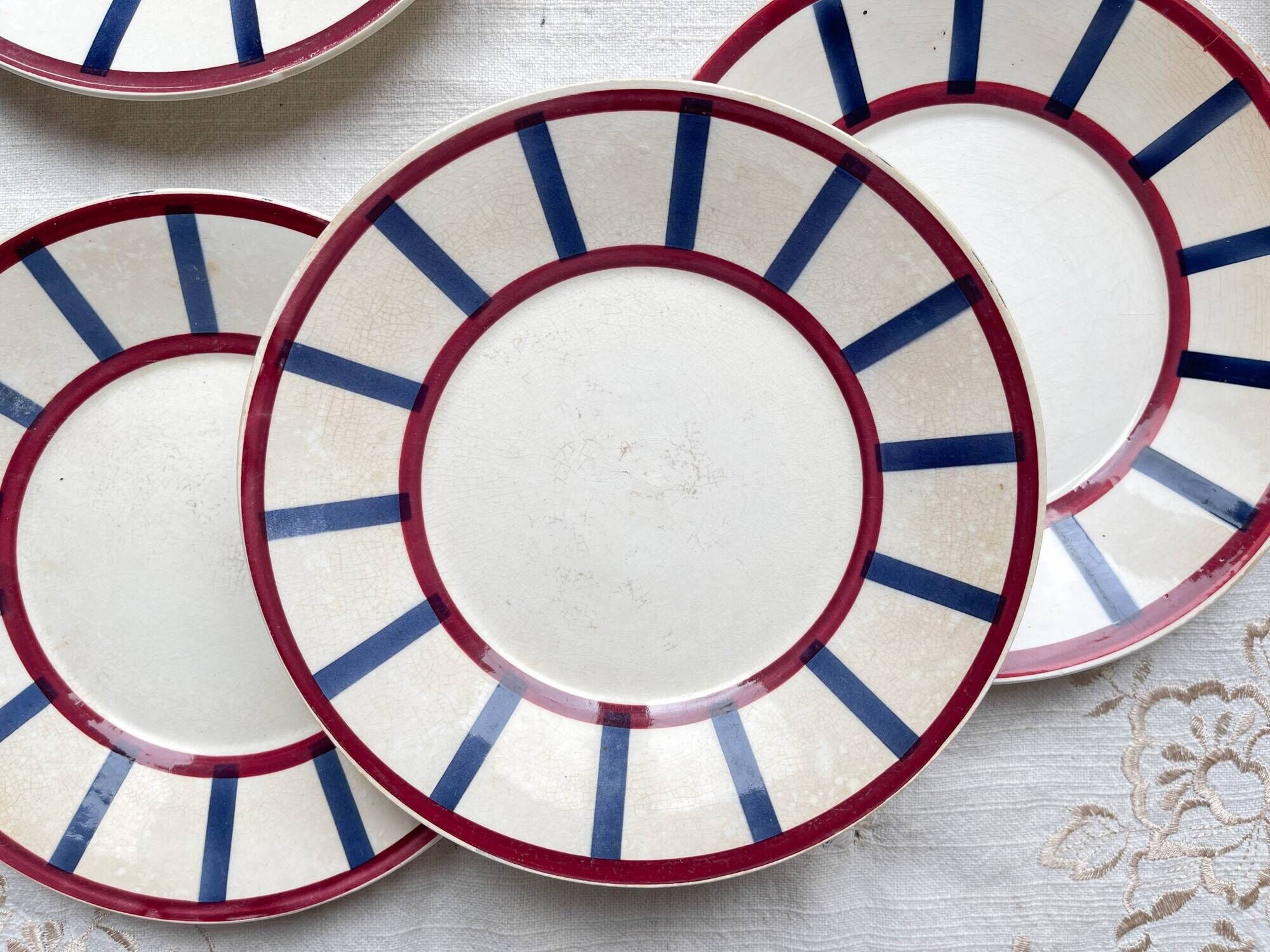 5 Small Vintage French Plates Terre de Fer HBCM Béarn blue and red stripes