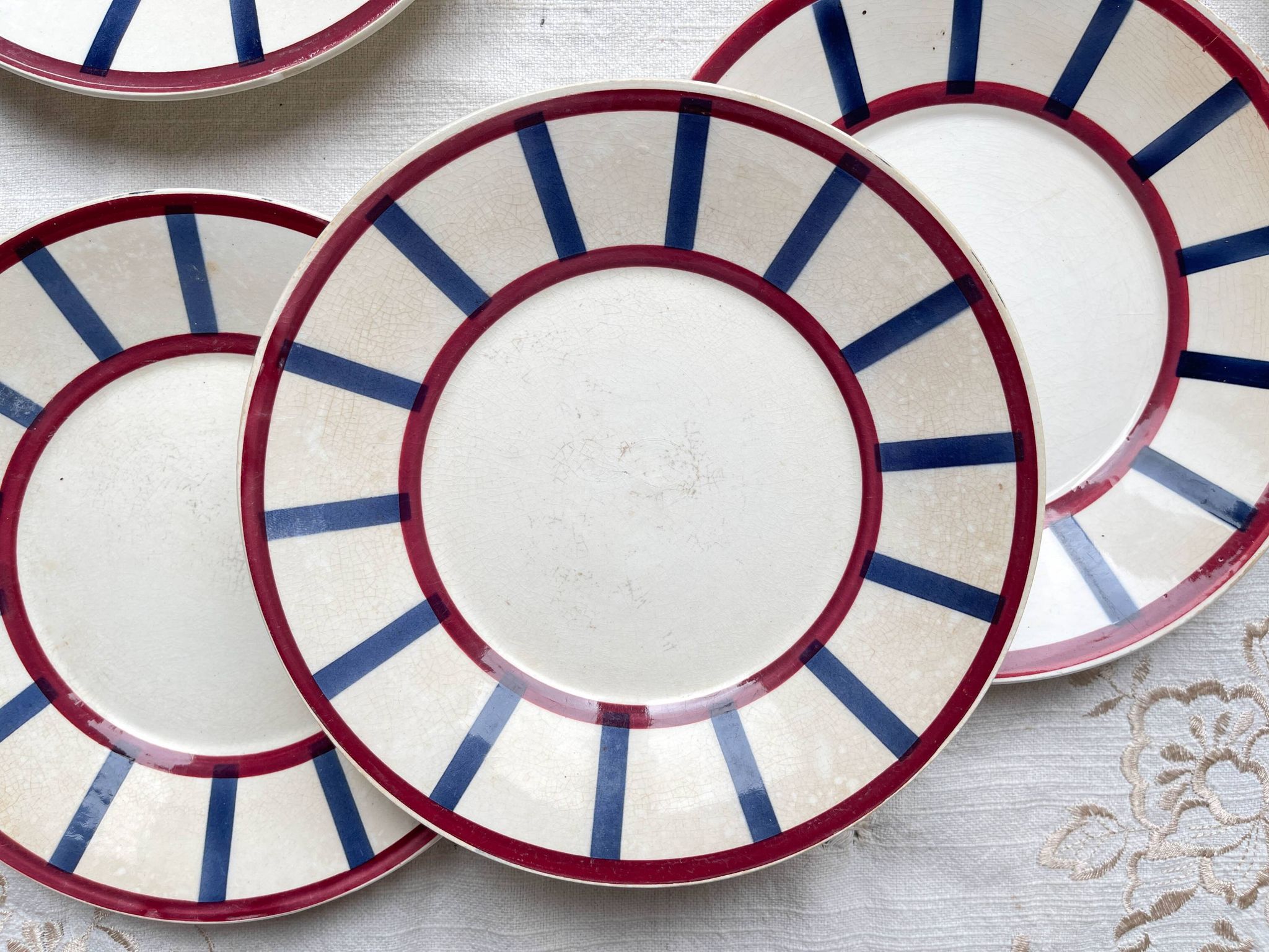 5 Small Vintage French Plates Terre de Fer HBCM Béarn blue and red stripes