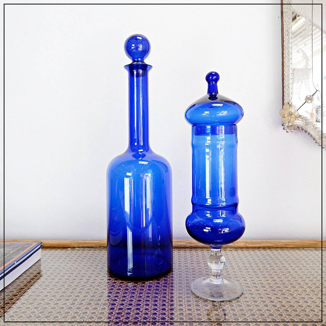 Blue glass carafe and candy box