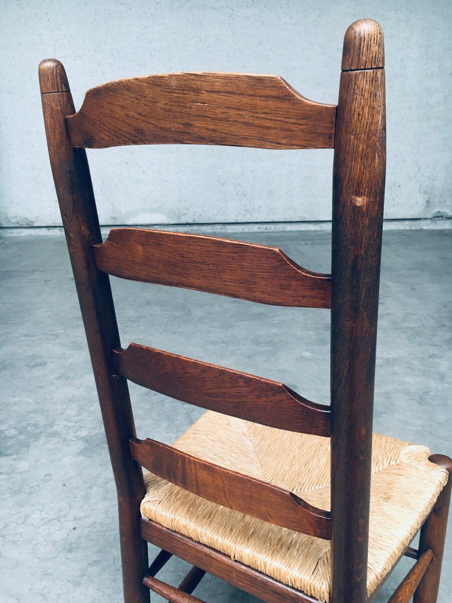 Rustic Ladder Back Oak and Rush Dining Chairs, 1960s, Set of 4