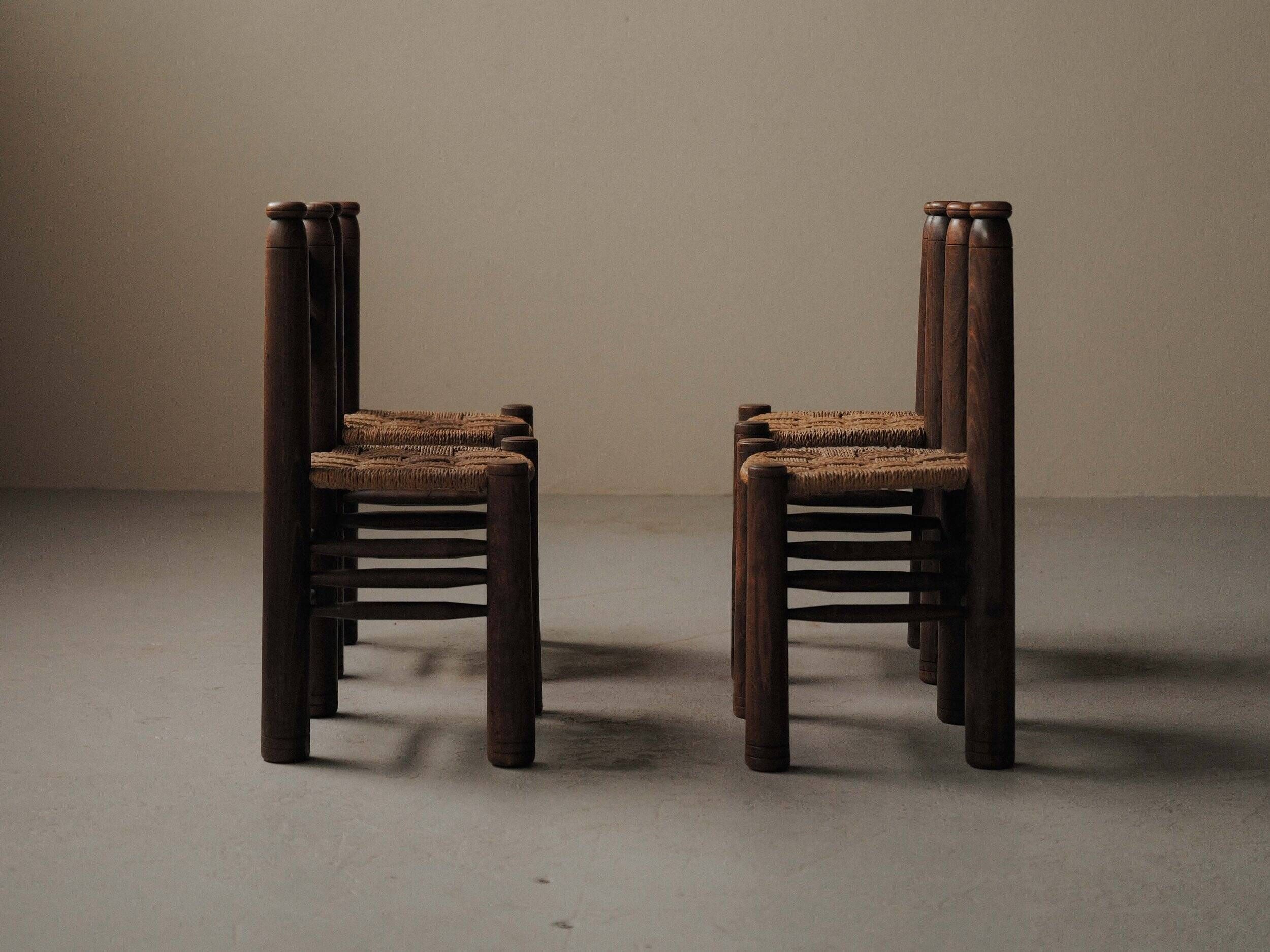 Set of 4 modernist chairs in beech and woven cord, France, circa 1940.