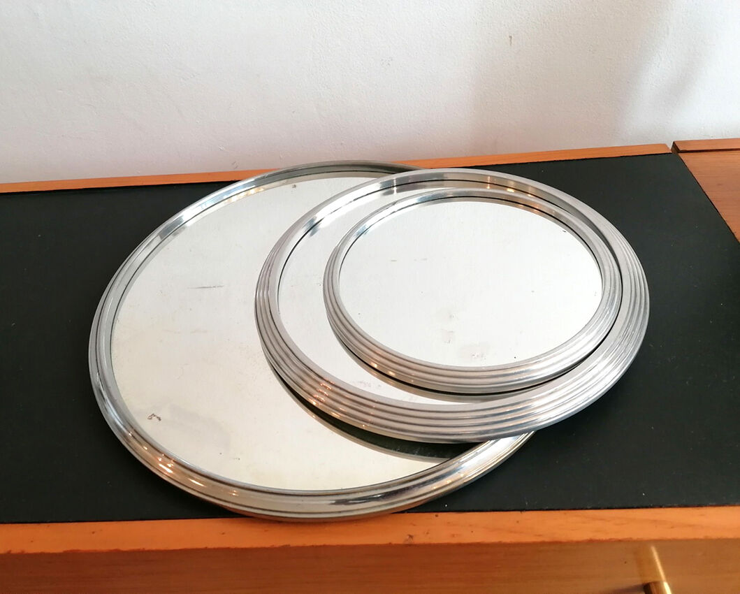 Set of 3 round mirrored trays, metal strapping, 1950/60
