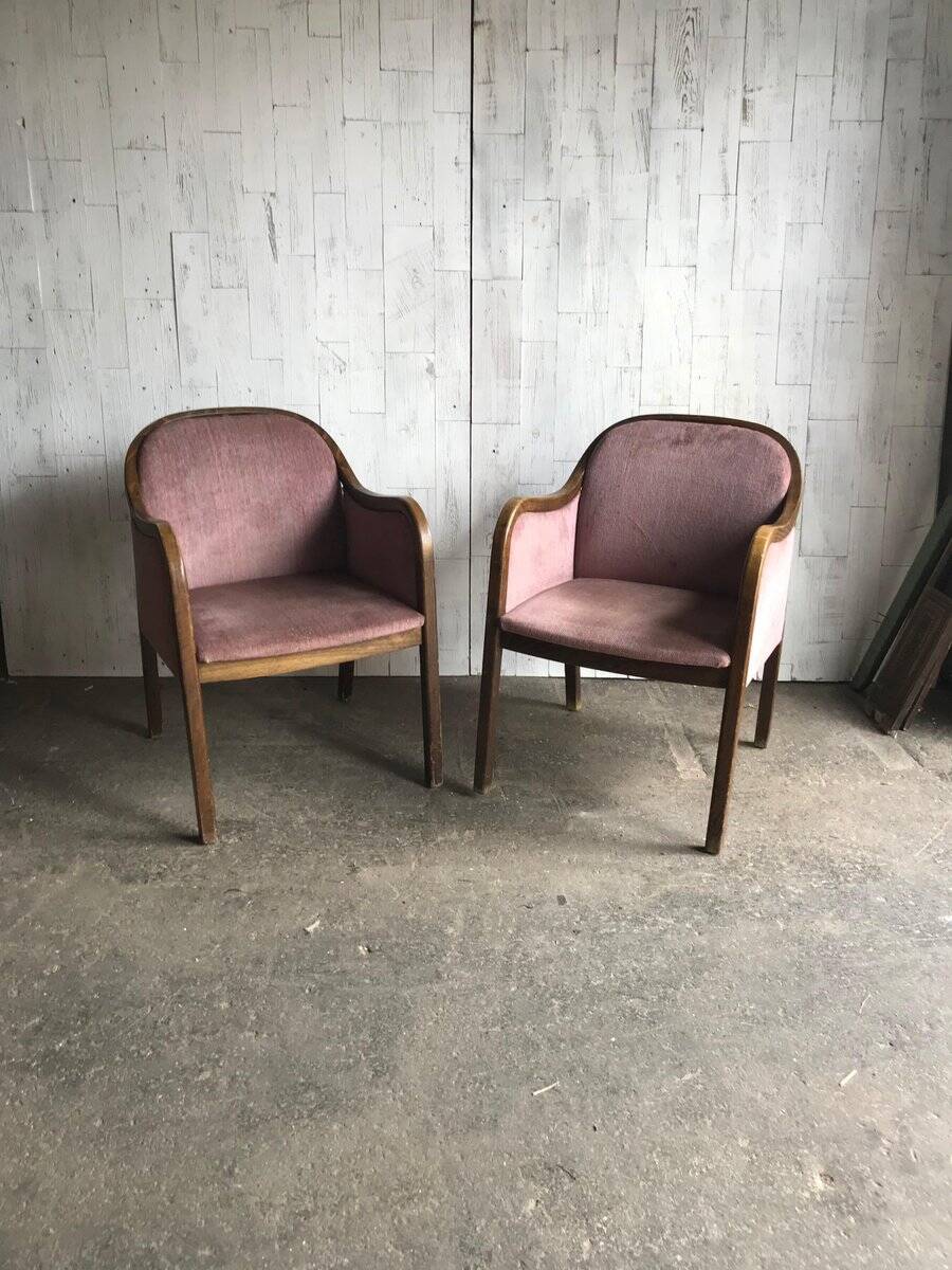 Set de fauteuils Art Déco années 1950 en bois et tissu marron et violet