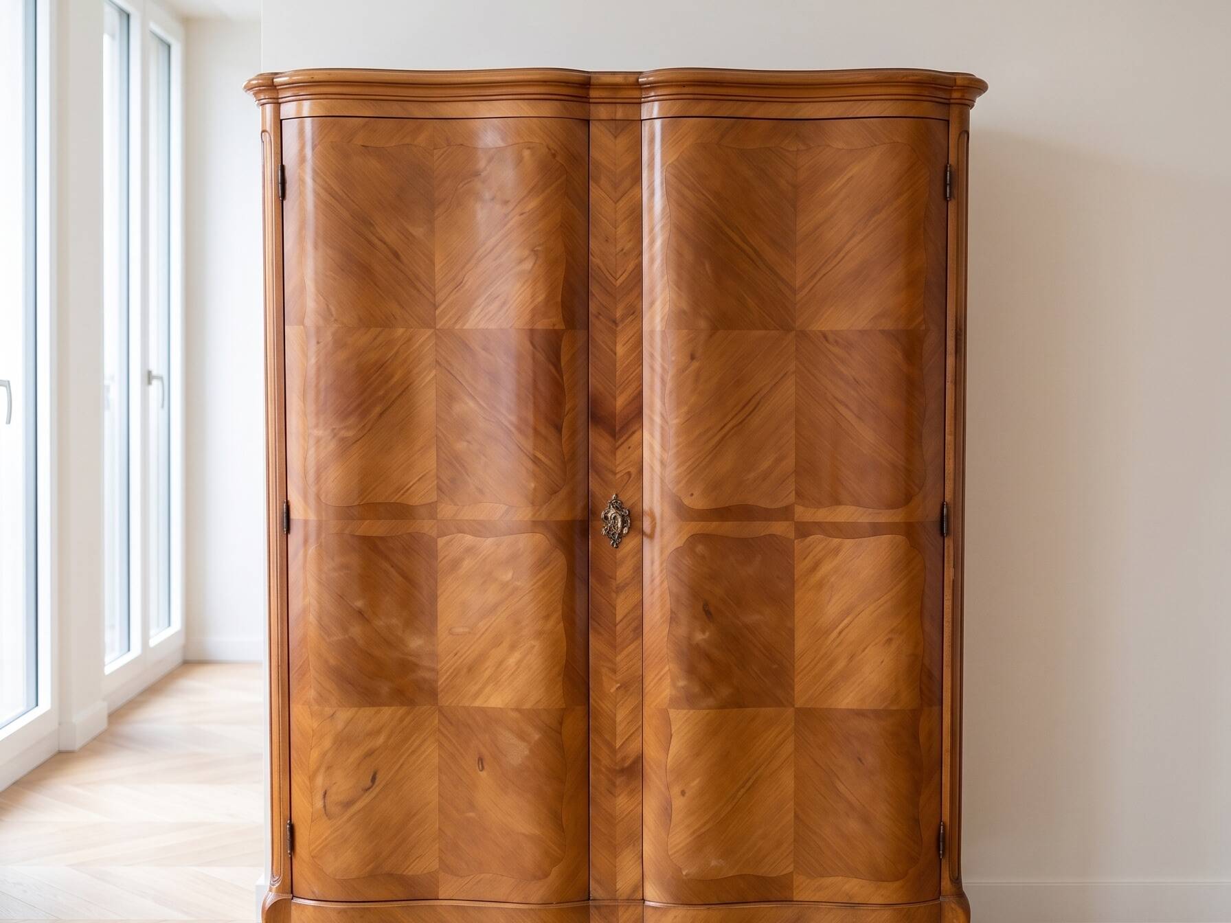 Antique Louis XV style wardrobe with curved wooden doors.