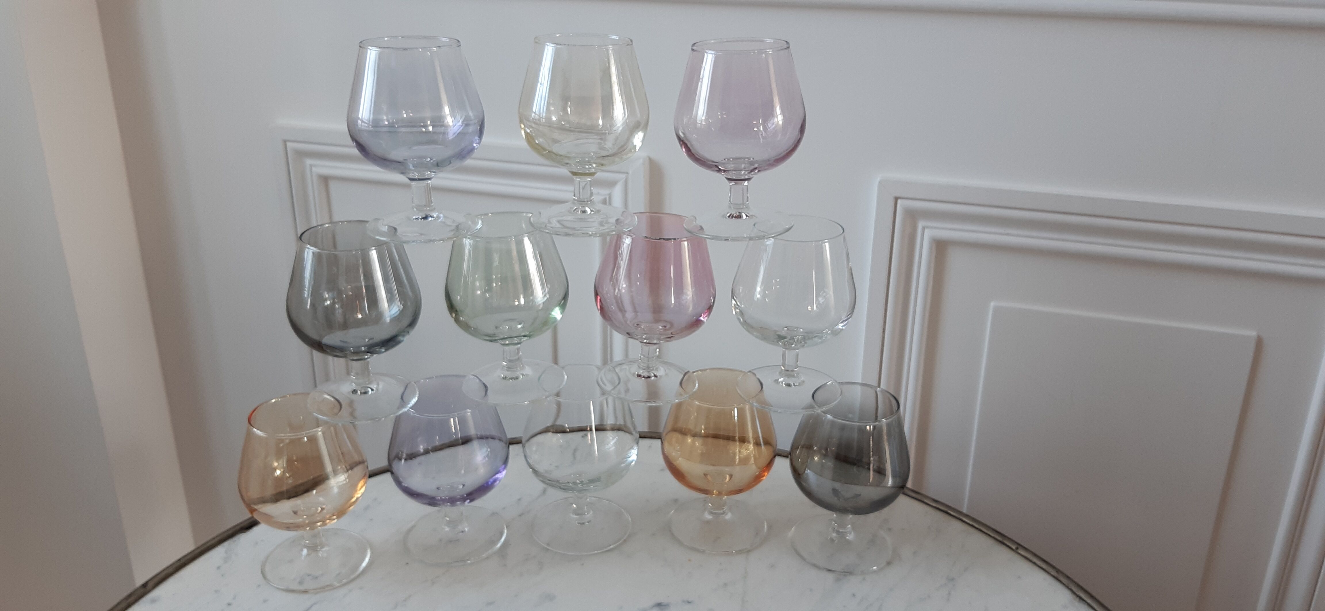 Set of 12 colored glasses to digestive / aperitif 60s
