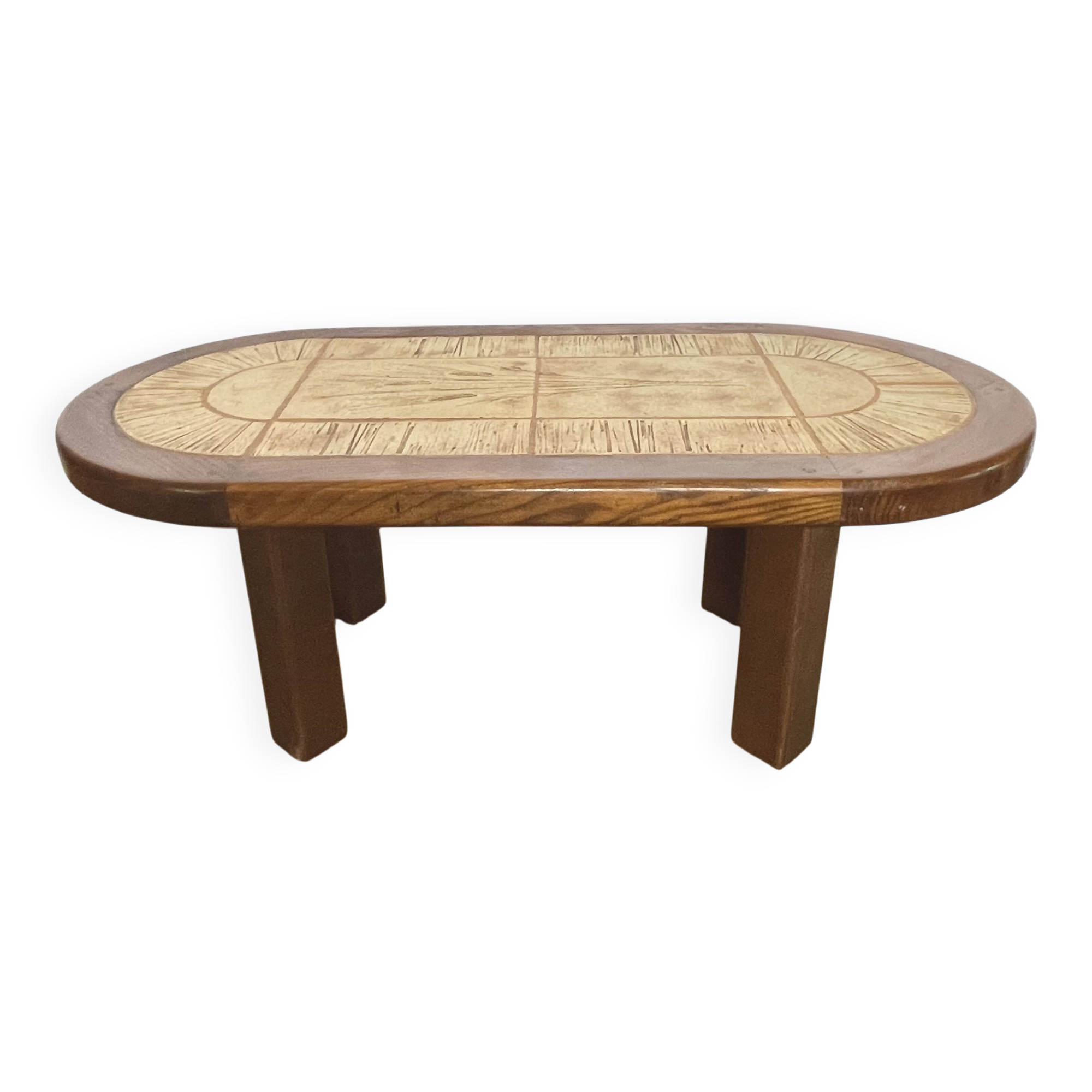 Ceramic and solid wood herbarium coffee table, signed