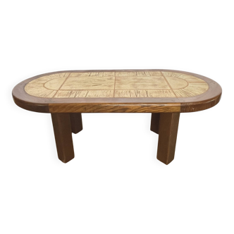 Ceramic and solid wood herbarium coffee table, signed