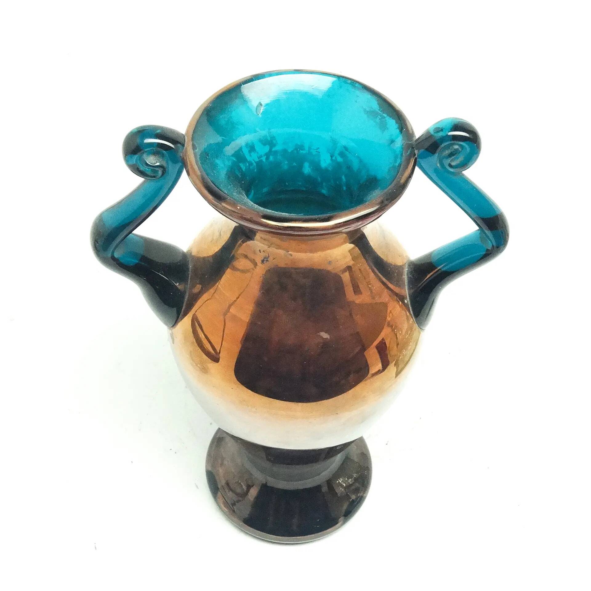Postmodern vase, copper and turquoise glass, Huta Hortensja, Poland, 1970s