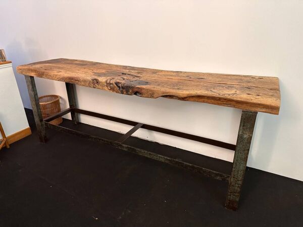 Très grand et ancien établi de mécanique plateau en orme massif rare !