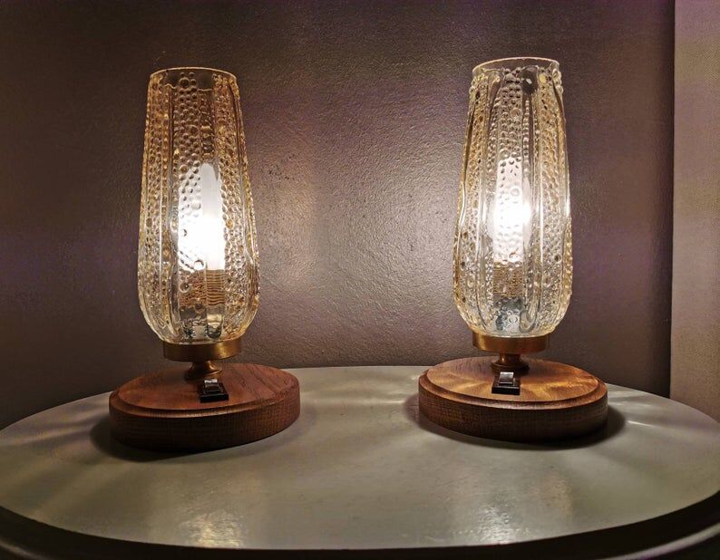 Wooden lamps with gilded glass hood, 70s